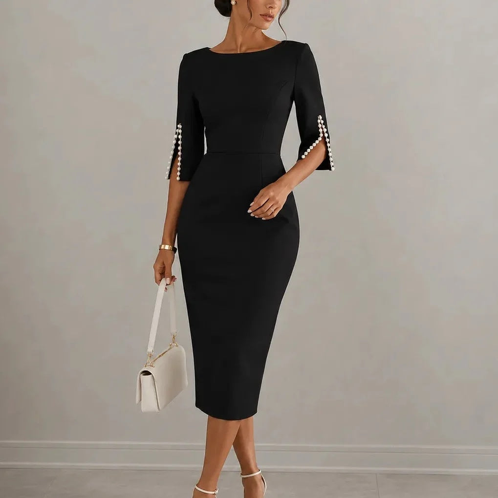 Anneliese Pearl-Sleeve Midi Dress in Black, front view