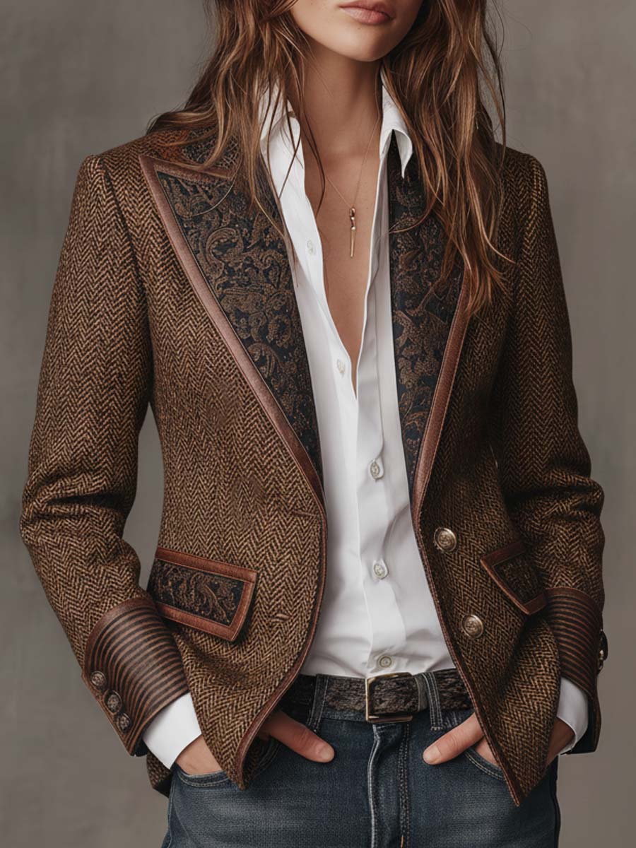 Dorothea Paisley Lapel Blazer in Brown, front view