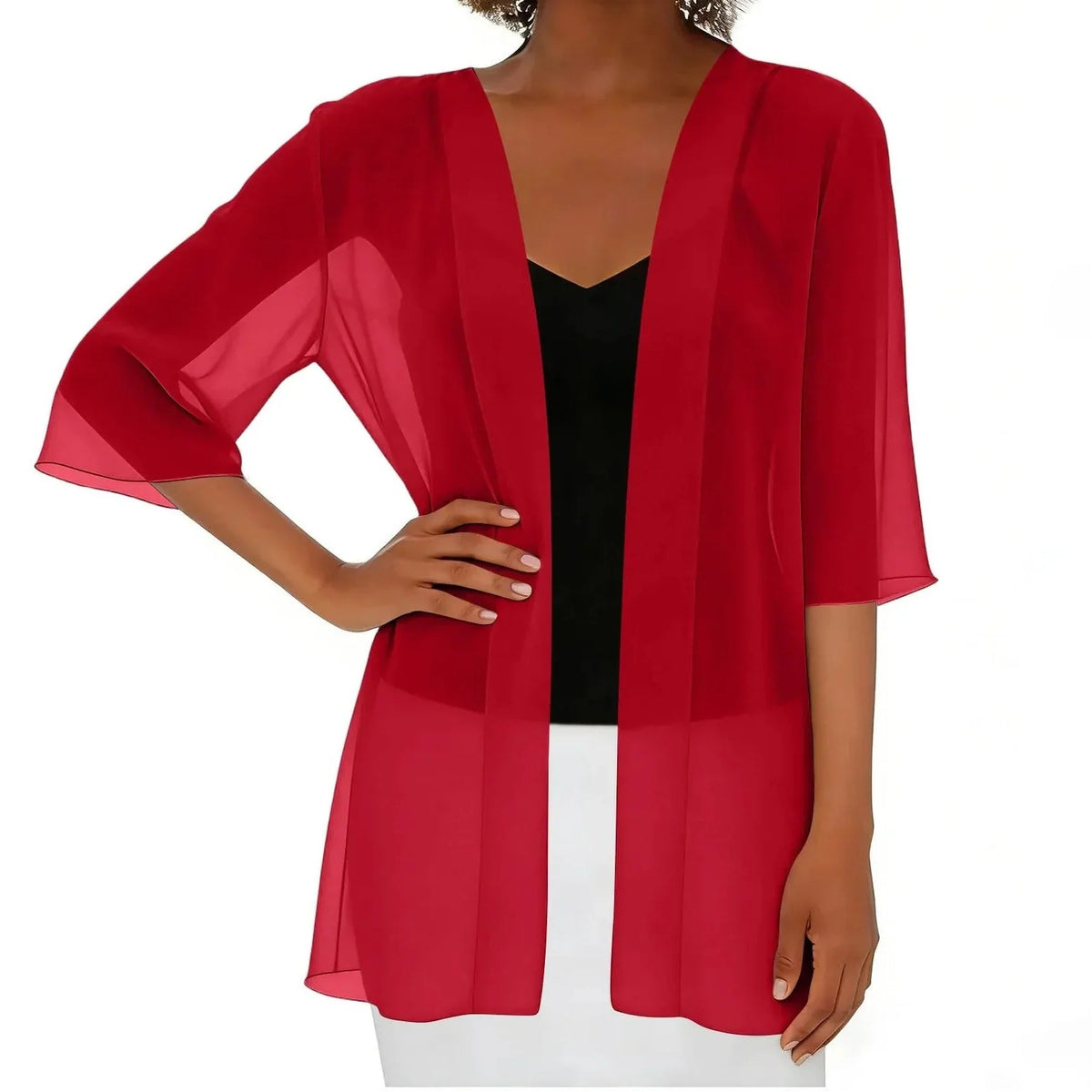 Esme Chiffon Open Cardigan in Red, front view