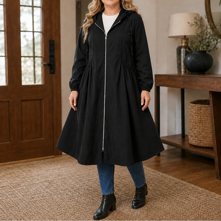 Giselle Peplum Rain Jacket in Black, front view