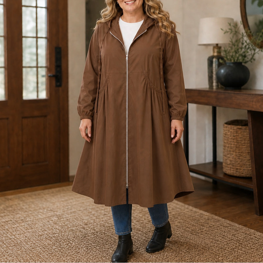Giselle Peplum Rain Jacket in Brown, front view