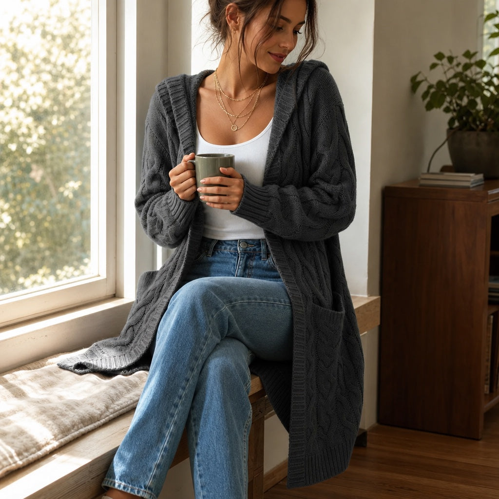 Imogen Hooded Cable-Knit Cardigan, styled look 5