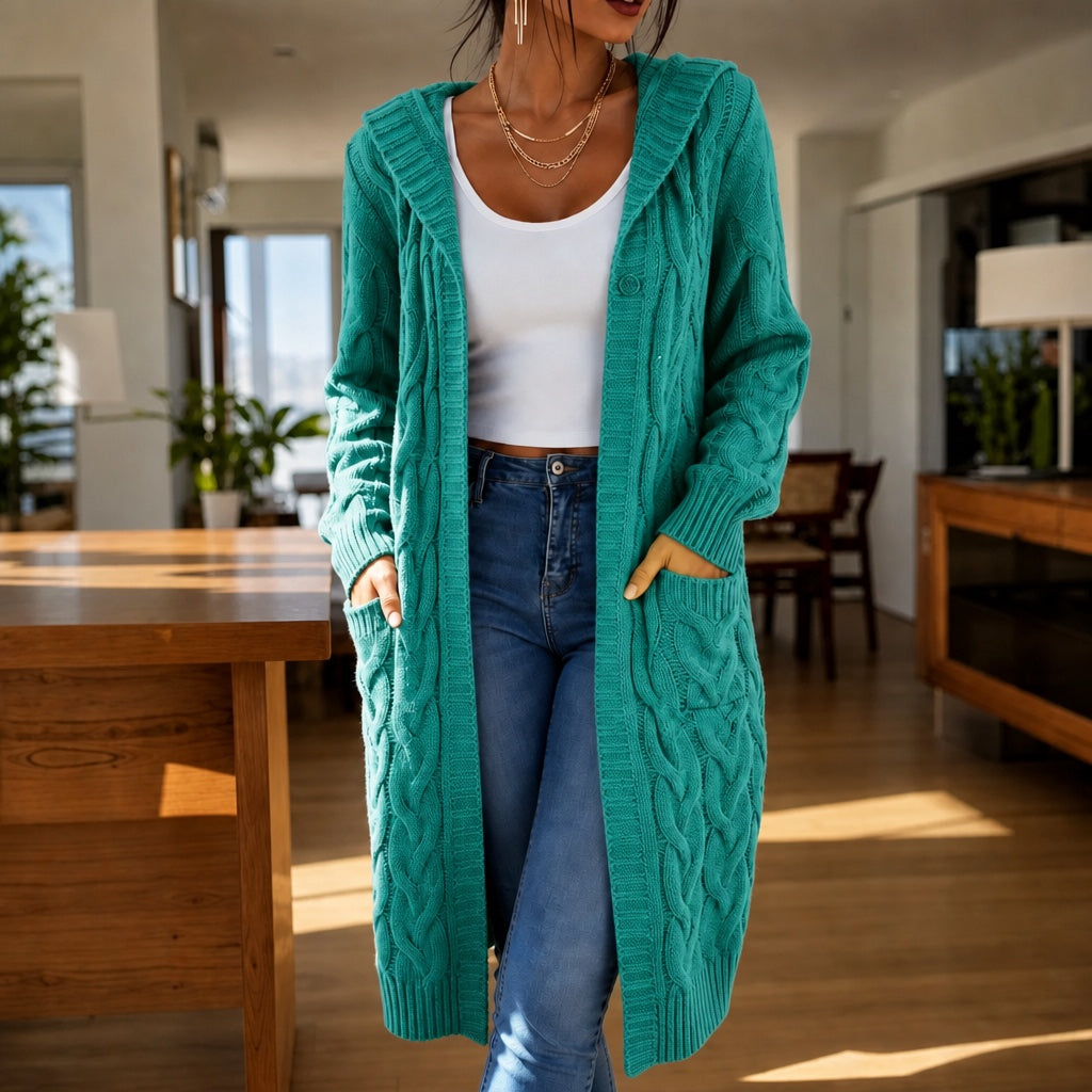 Imogen Hooded Cable-Knit Cardigan in Teal, front view