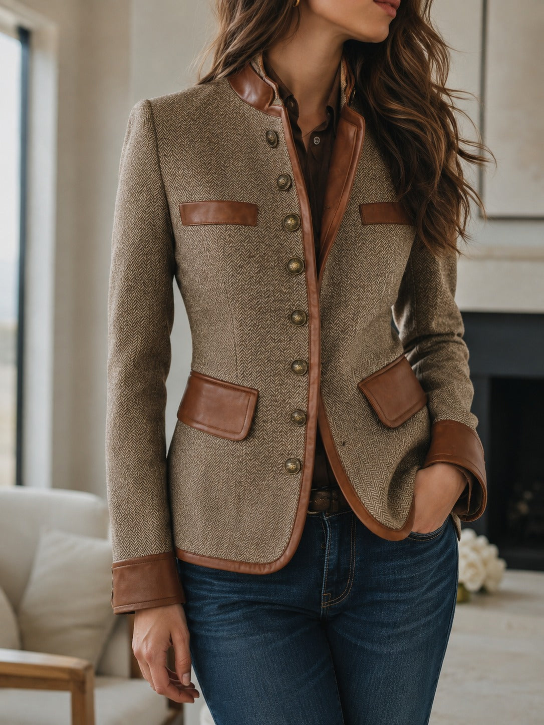 Jocelyn Herringbone Tweed Jacket in Brown, front view