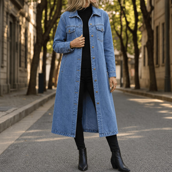 Kaia Longline Denim Coat in Blue, front view