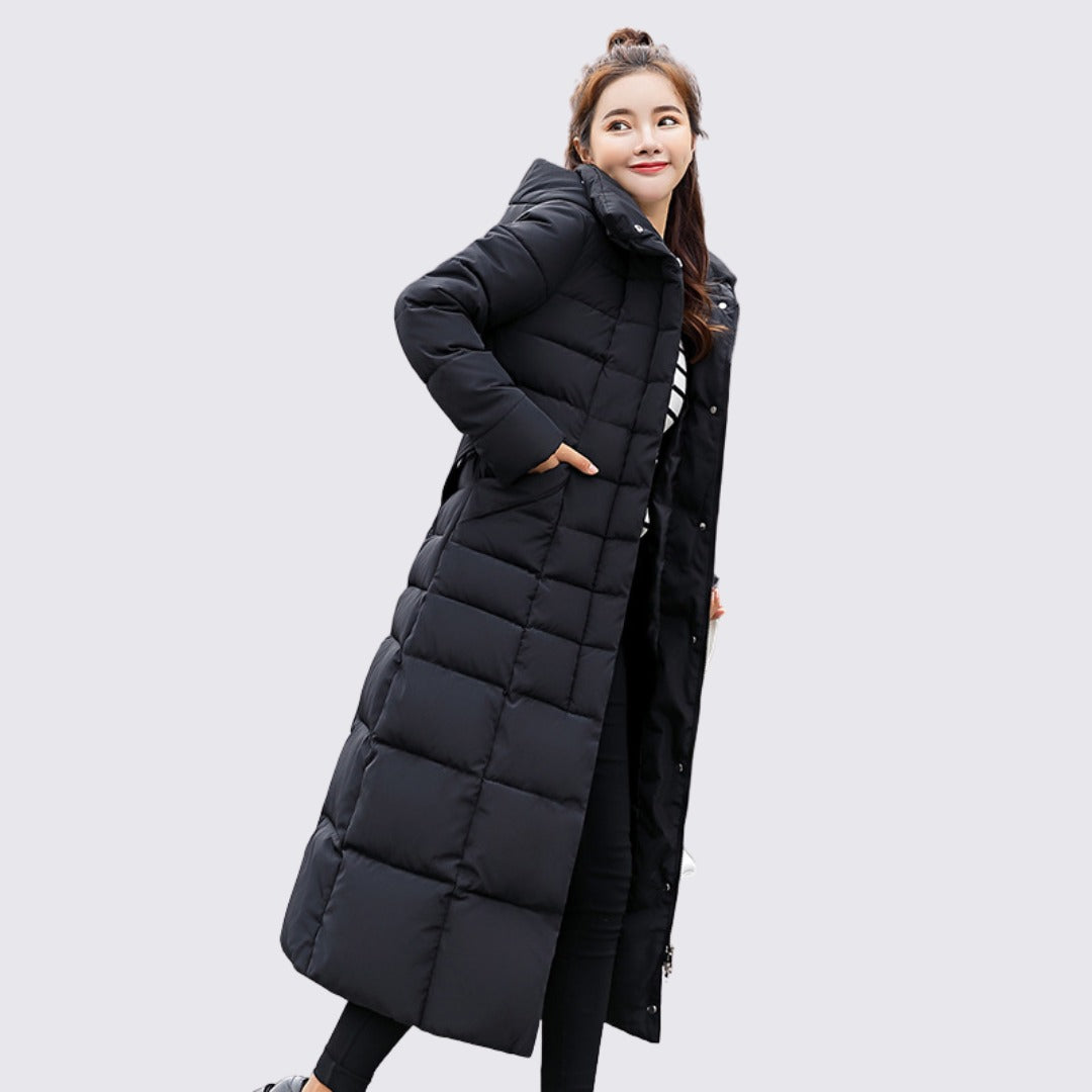 Leona Long Quilted Coat in Black, front view