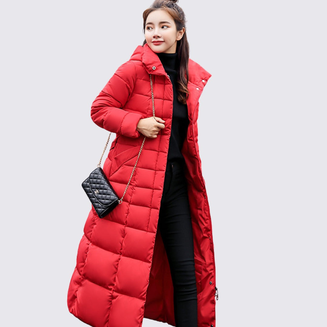 Leona Long Quilted Coat in Red, front view