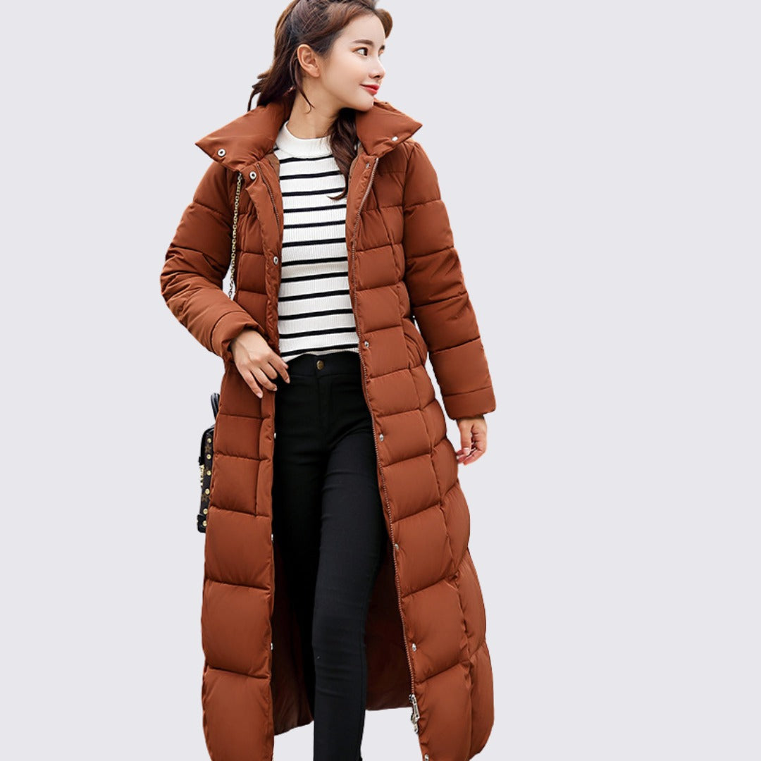 Leona Long Quilted Coat in Rust, front view