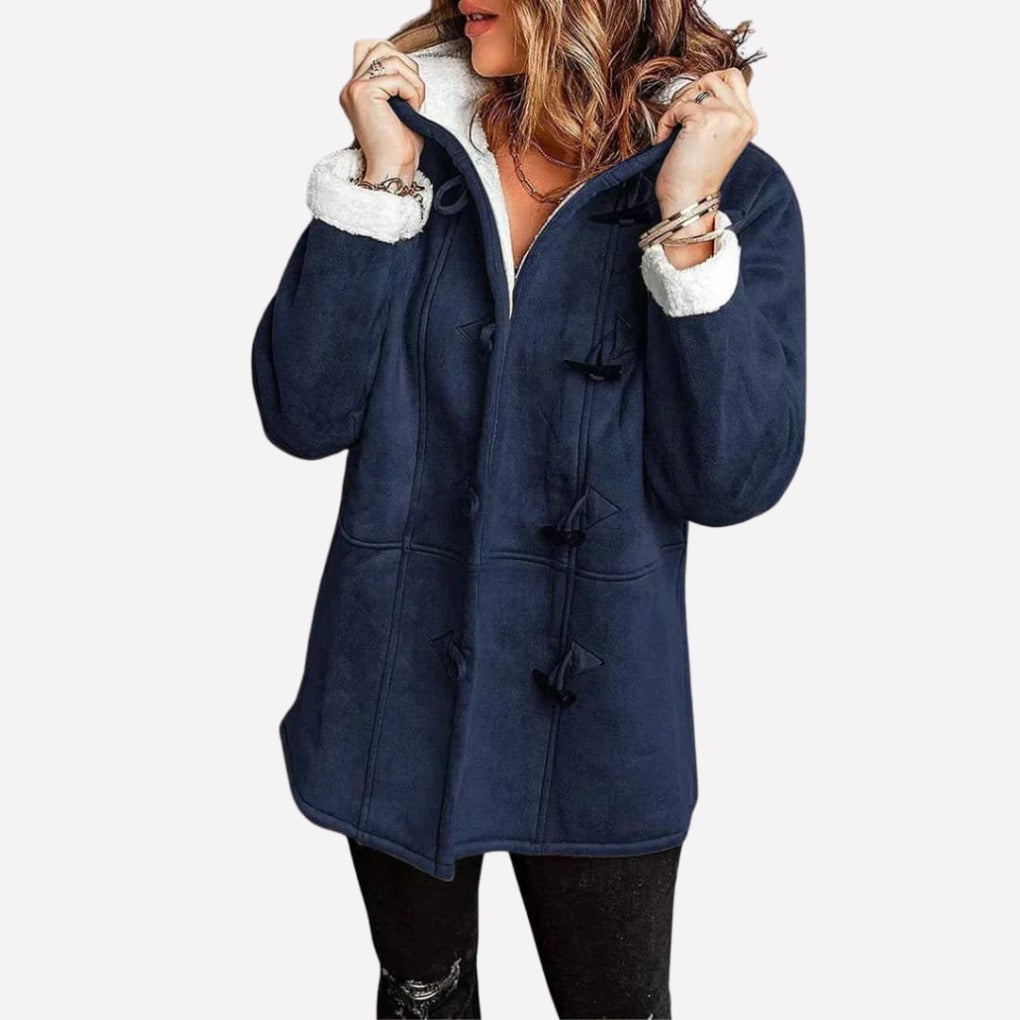 Thea Hooded Toggle Coat in Navy, front view