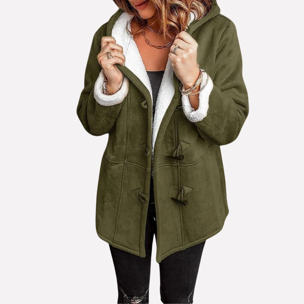 Thea Hooded Toggle Coat in Olive, front view