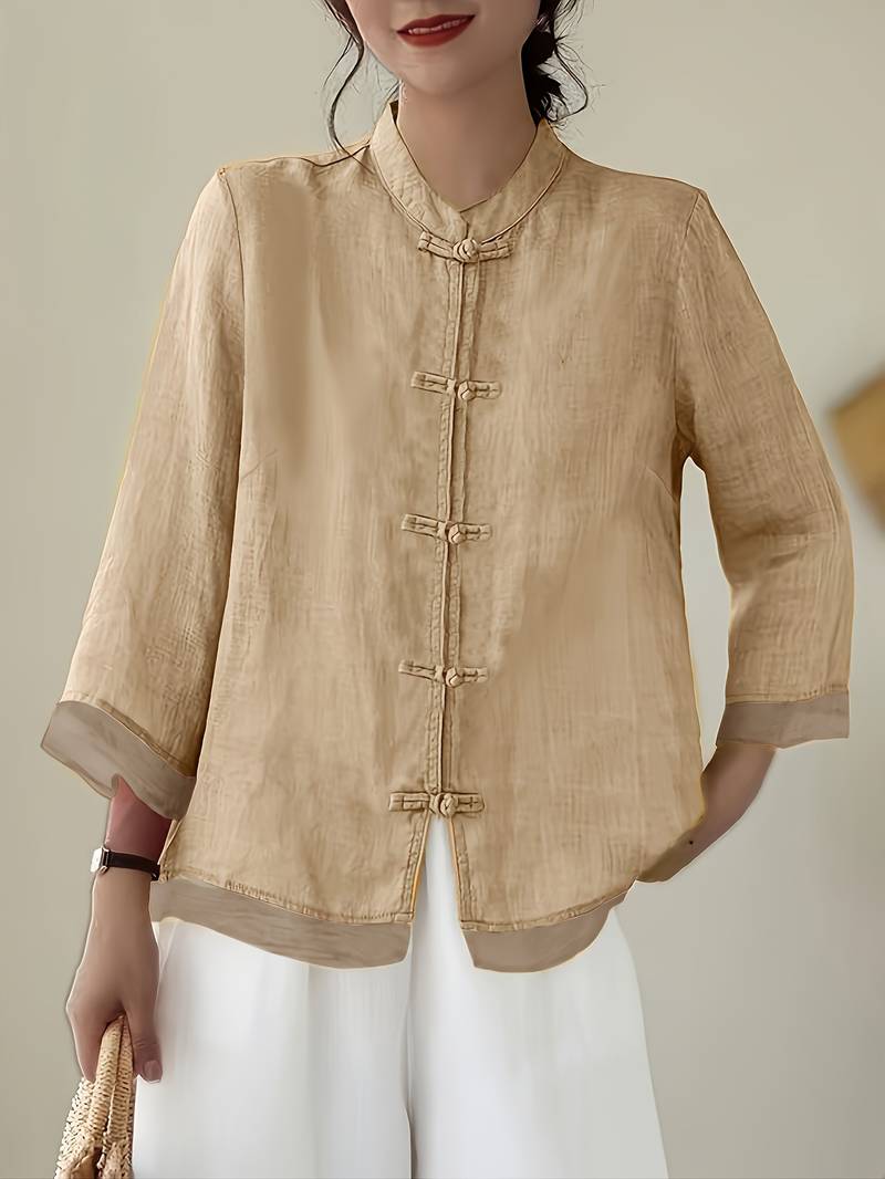 Yara Frog-Button Linen Blouse in Khaki, front view