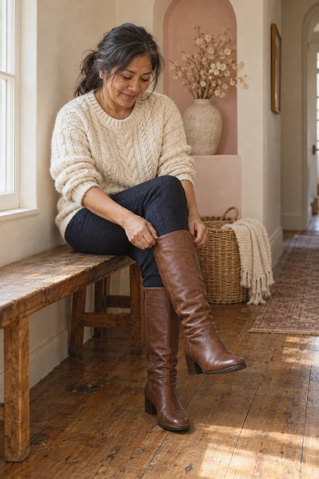 Woman sitting on a wooden bench in a cream cable-knit sweater, adjusting a tall brown knee-high boot with a block heel