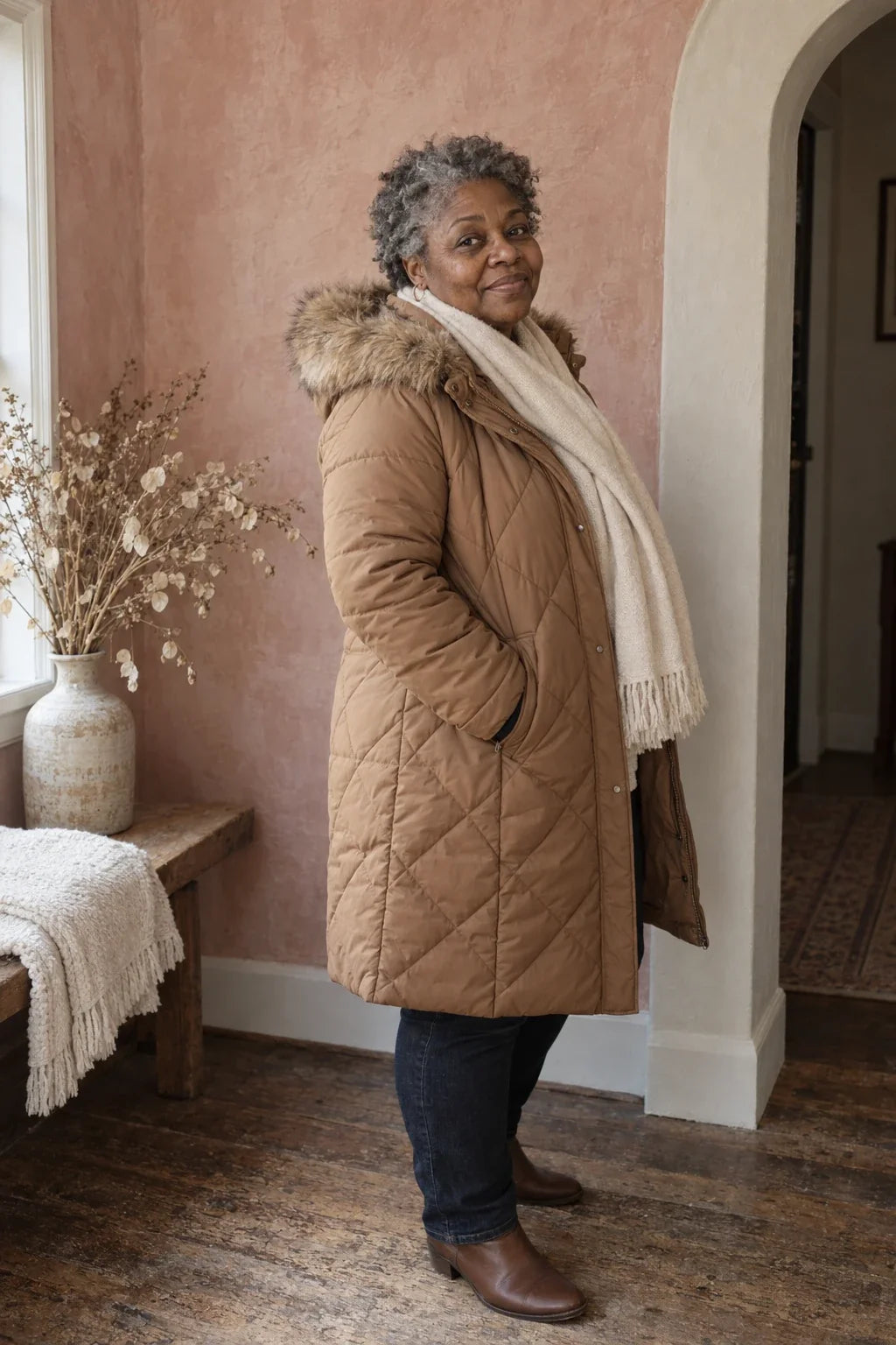 Woman in a long camel quilted coat with a faux-fur-trimmed hood and a cream scarf in a blush-pink entryway