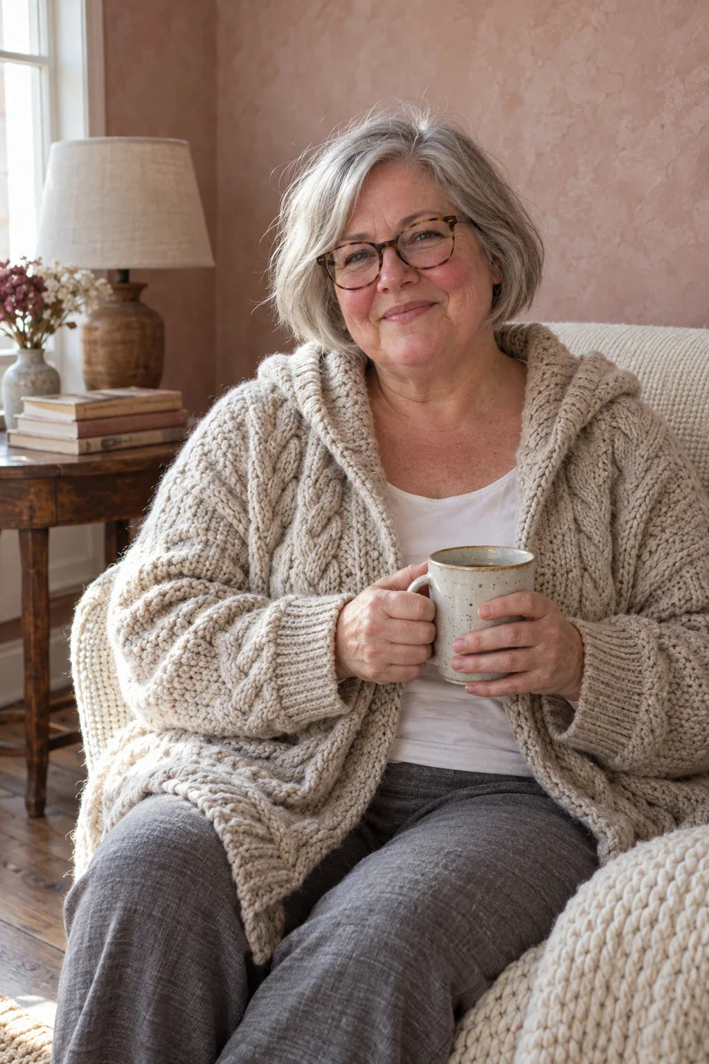 Woman in a chunky oatmeal cable-knit hooded cardigan sitting in an armchair and holding a ceramic mug