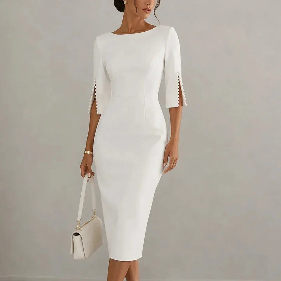 Anneliese Pearl-Sleeve Midi Dress in White, front view