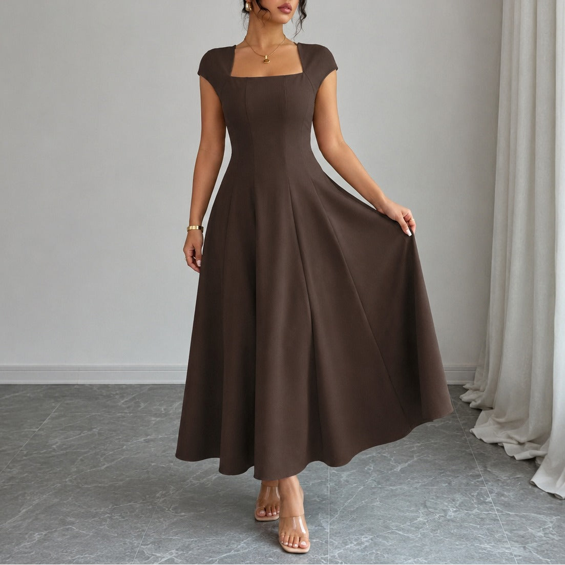 Aurelia Square-Neck Midi Dress in Brown, front view