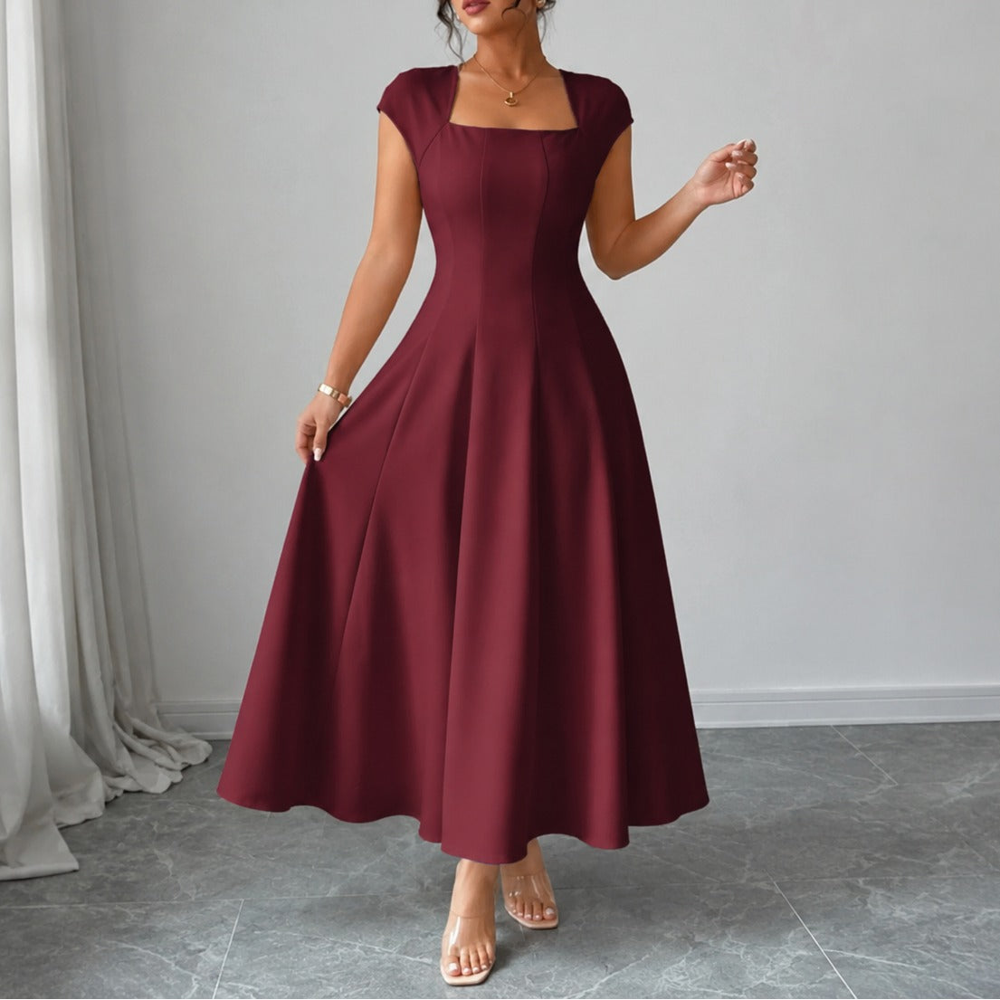 Aurelia Square-Neck Midi Dress in Burgundy, front view