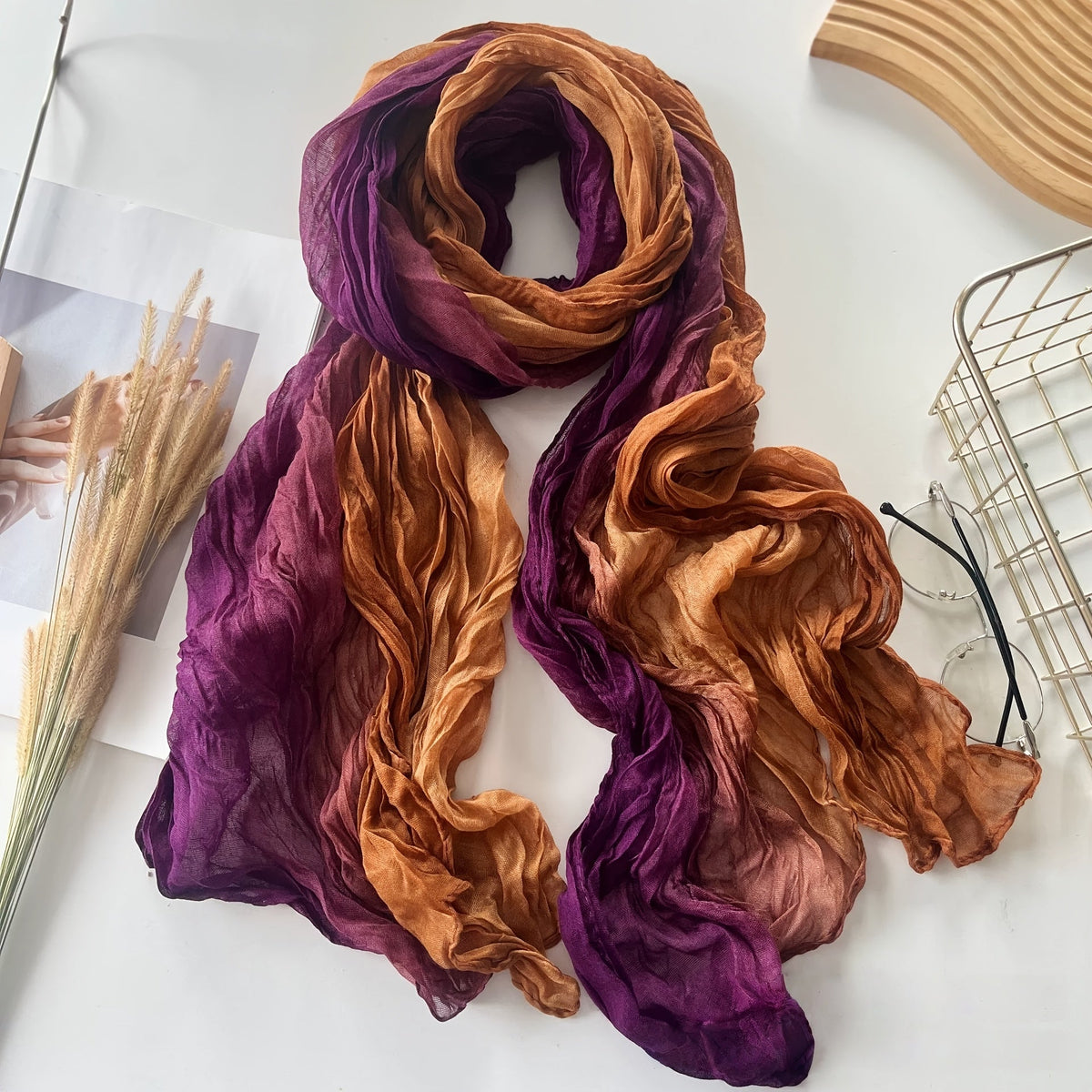 Blythe Pleated Gradient Scarf in Purple Orange, product photo