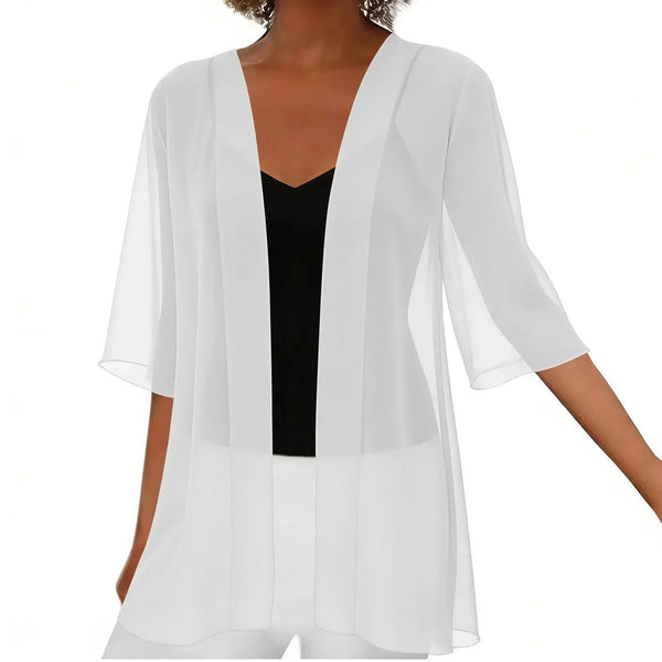 Esme Chiffon Open Cardigan in White, front view