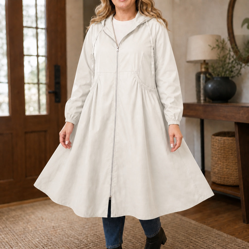Giselle Peplum Rain Jacket in Beige, front view