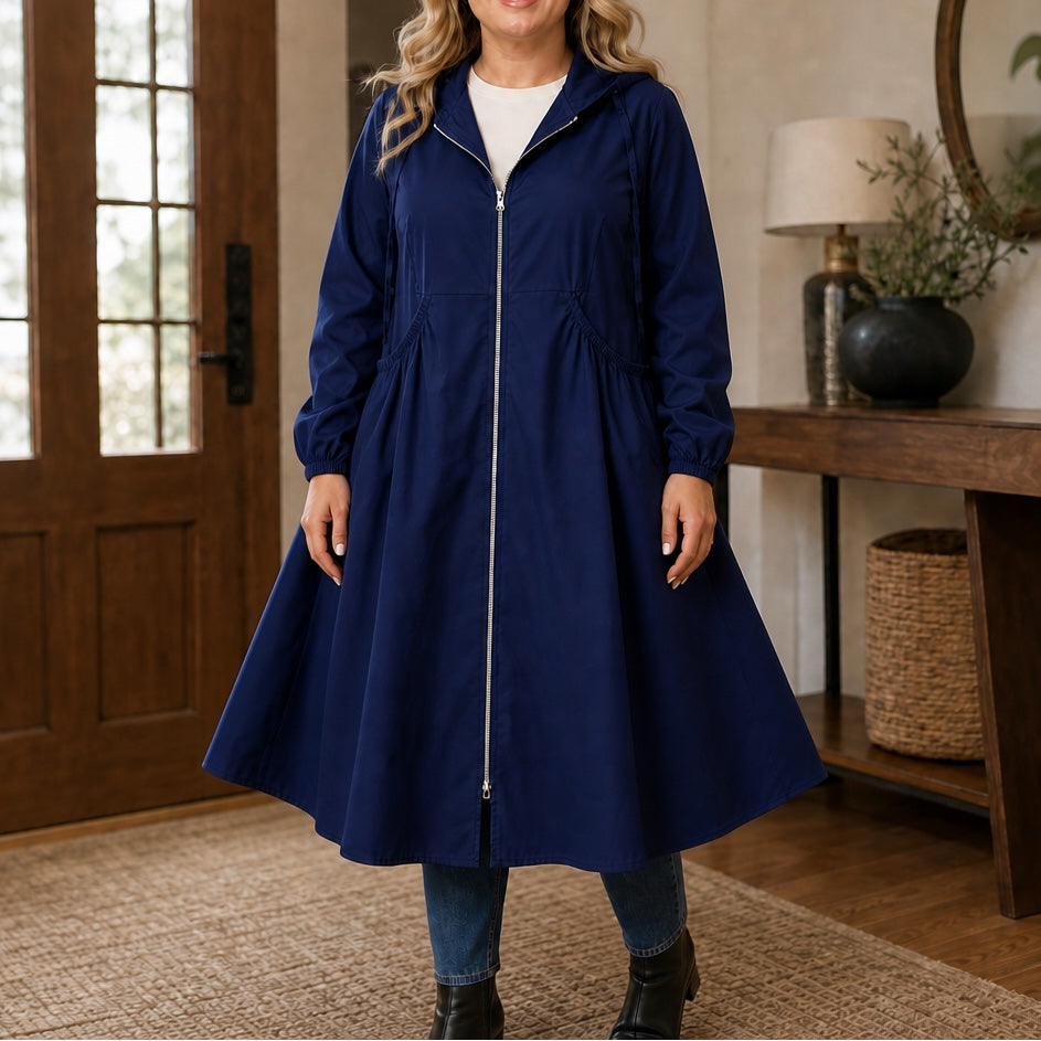 Giselle Peplum Rain Jacket in Navy, front view