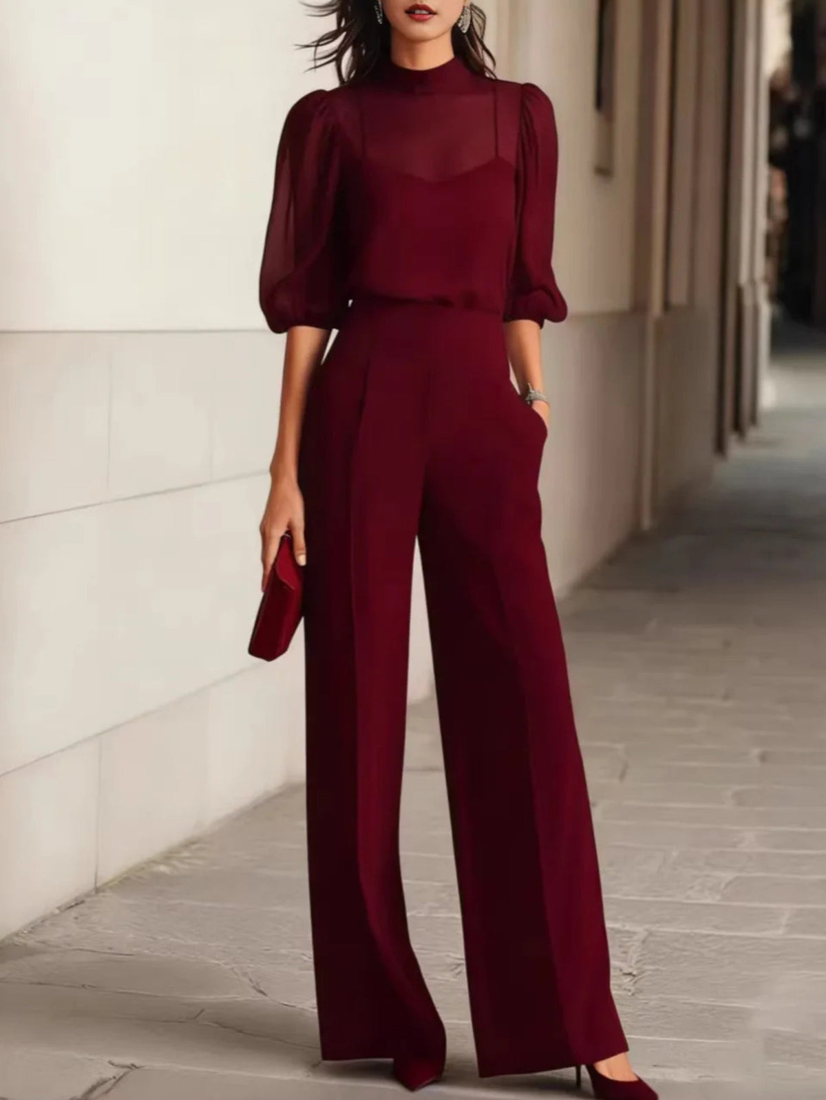 Honor Chiffon Blouse Pants Set in Burgundy, front view