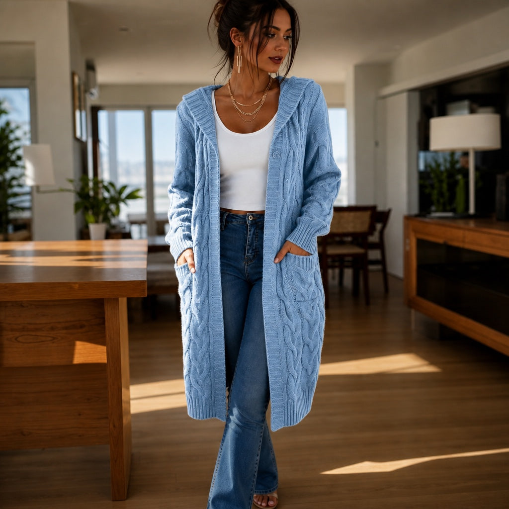 Imogen Hooded Cable-Knit Cardigan in Blue, front view
