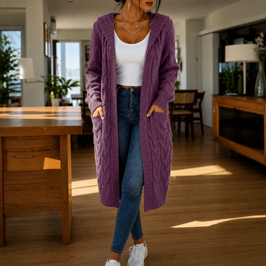 Imogen Hooded Cable-Knit Cardigan in Purple, front view