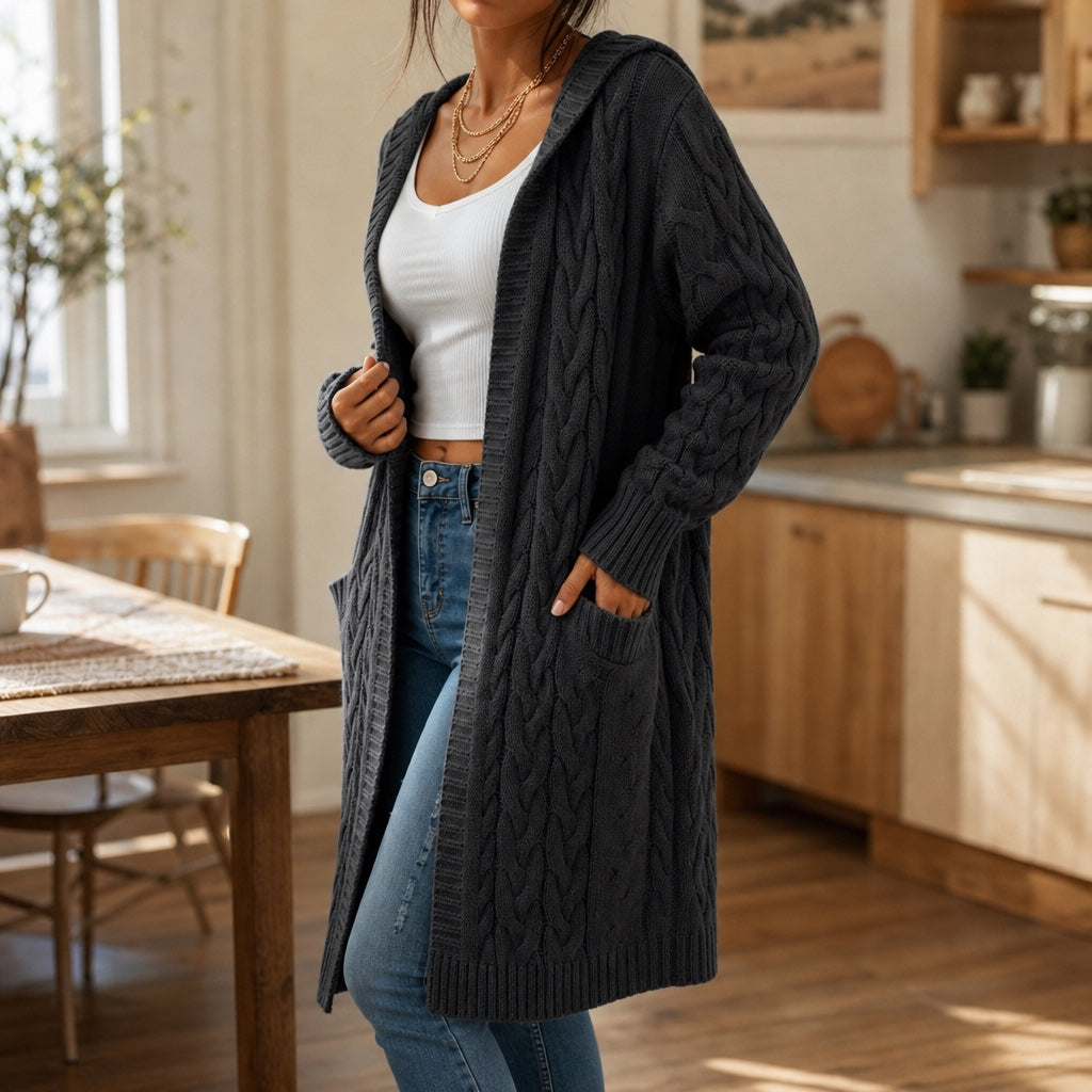 Imogen Hooded Cable-Knit Cardigan, styled look