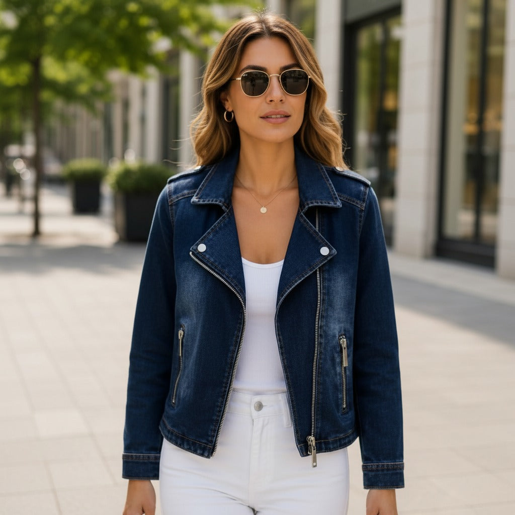 Ines Asymmetric Zip Denim Jacket in Dark Blue, front view