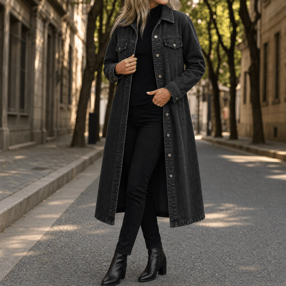 Kaia Longline Denim Coat in Black, front view