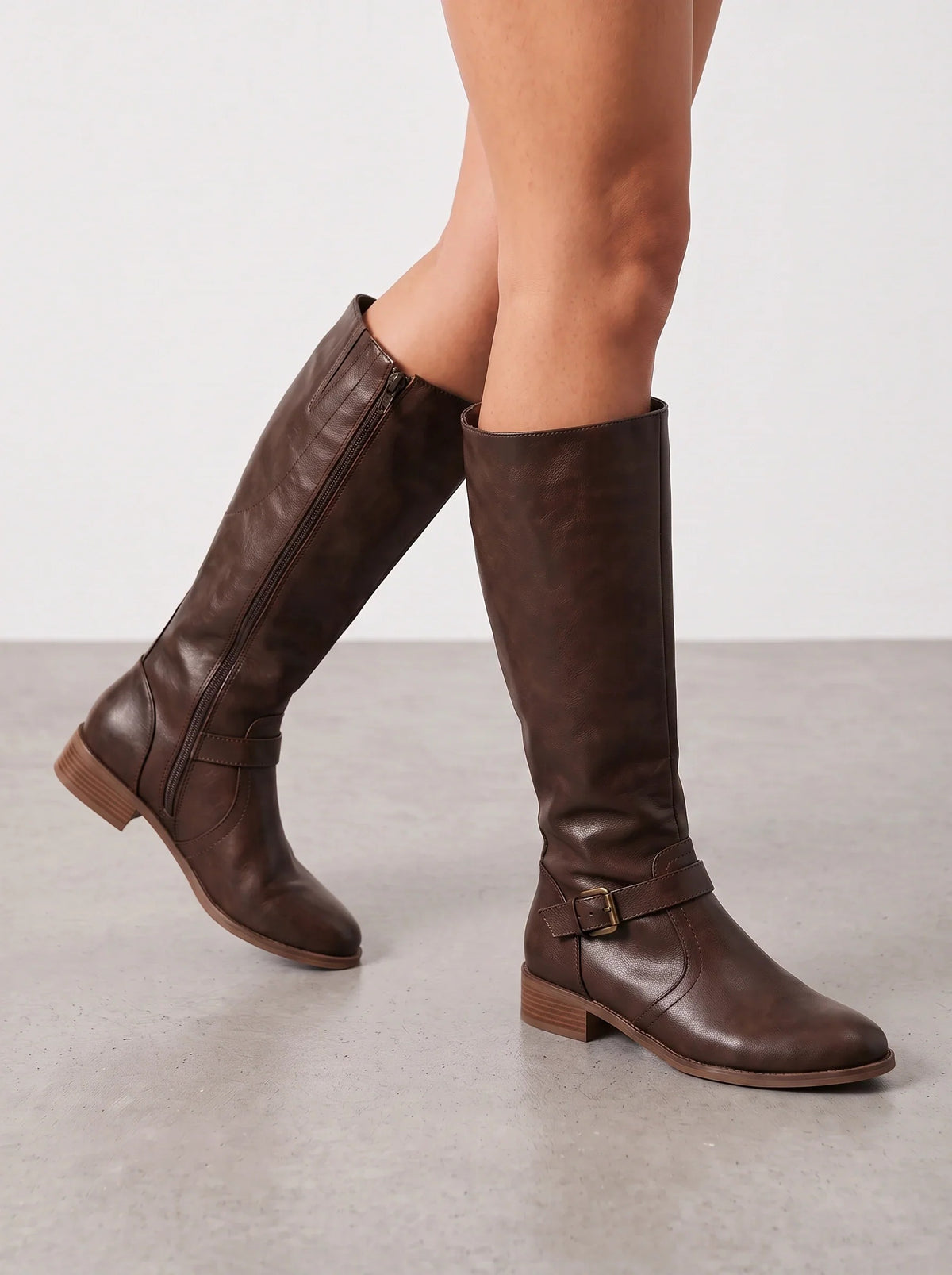 Kiera Buckle Riding Boots in Dark Brown, front view