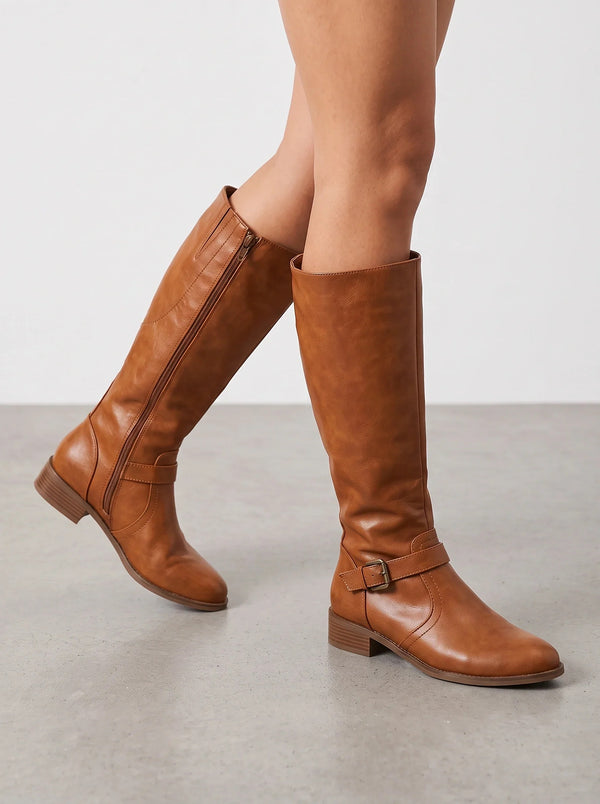 Kiera Buckle Riding Boots in Light Brown, front view
