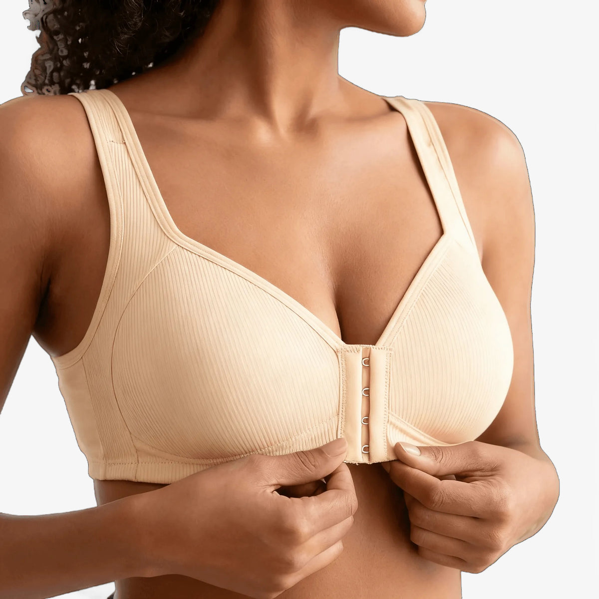 Marlowe Front-Close Ribbed Bra in Beige, front view