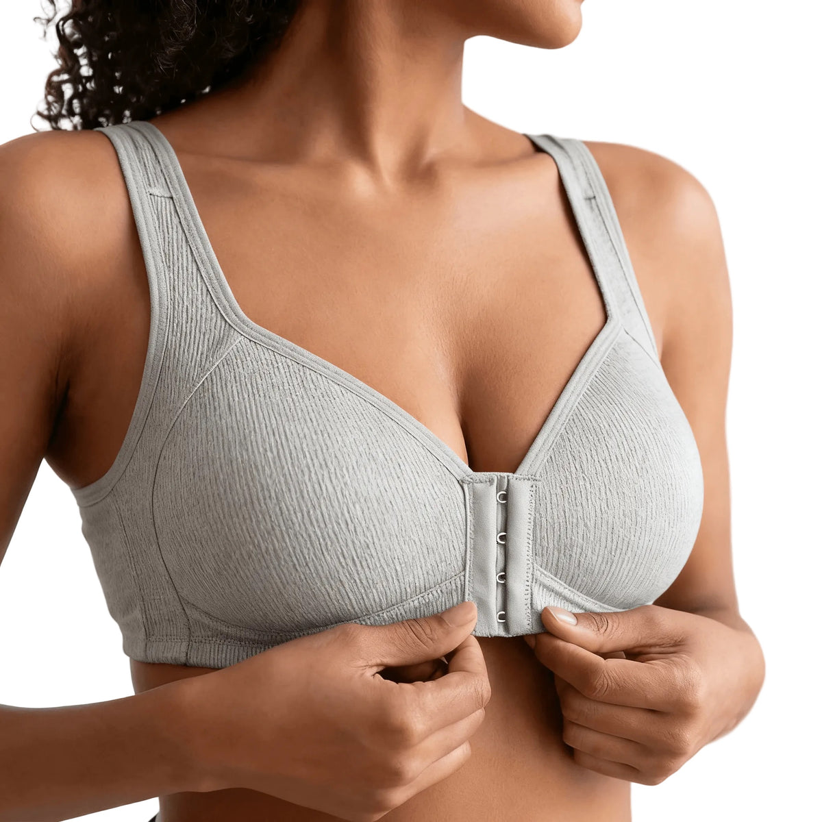 Marlowe Front-Close Ribbed Bra in Light Gray, front view