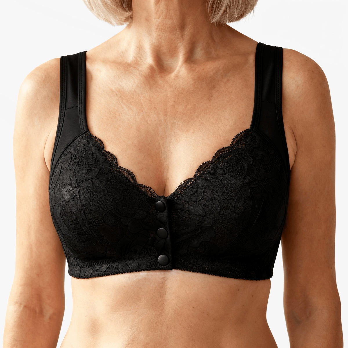 Odette Front-Snap Lace Bra in Black, front view