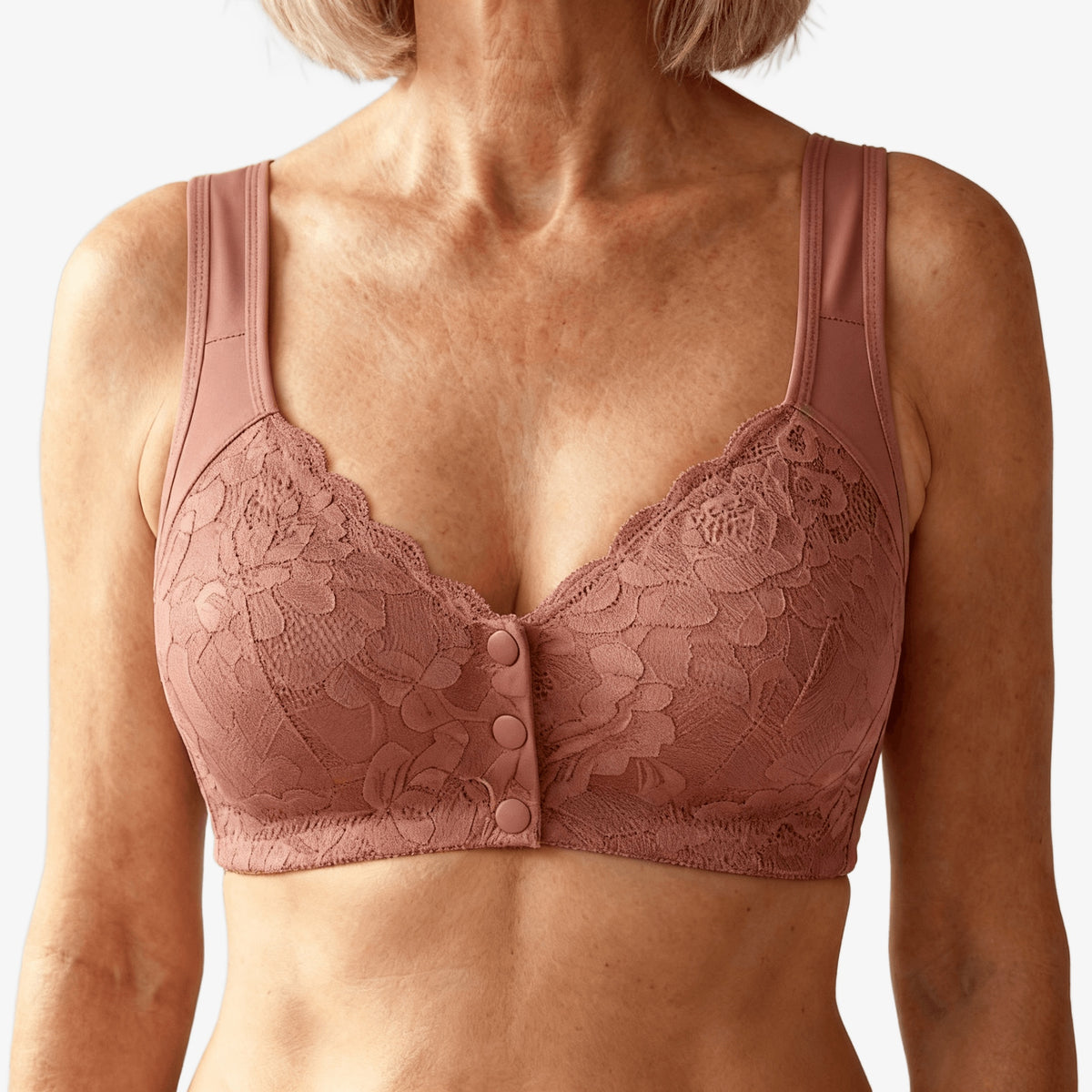 Odette Front-Snap Lace Bra in Dusty Rose, front view