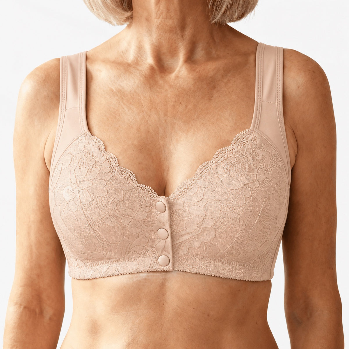 Odette Front-Snap Lace Bra in Nude, front view