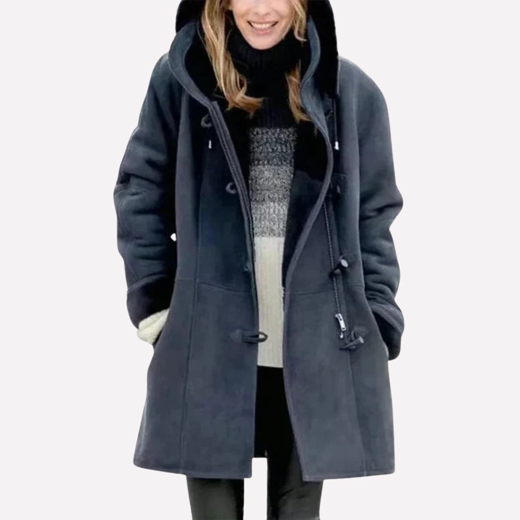 Thea Hooded Toggle Coat in Blue, front view