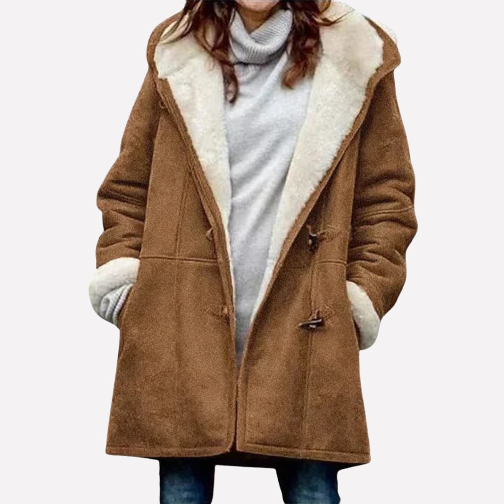 Thea Hooded Toggle Coat in Brown, front view