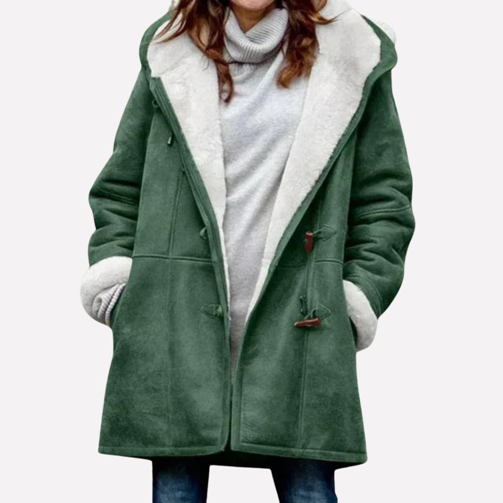 Thea Hooded Toggle Coat in Green, front view