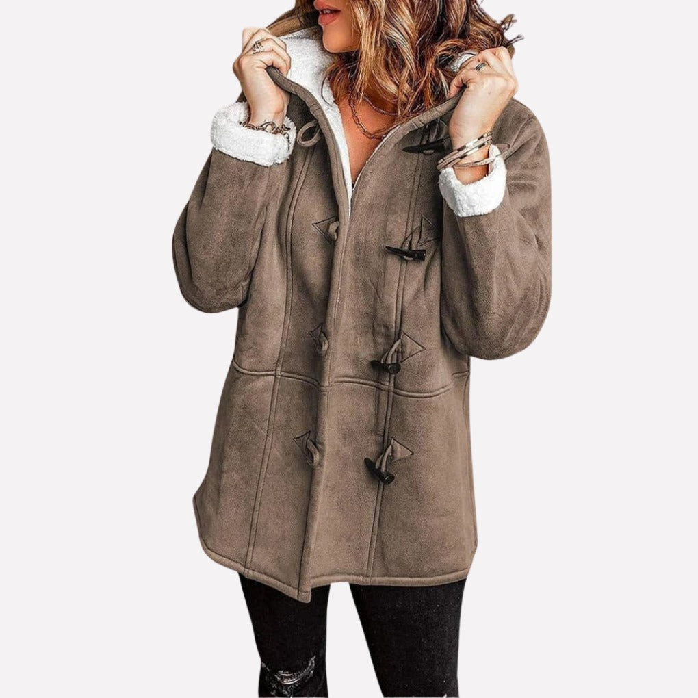 Thea Hooded Toggle Coat in Khaki, front view