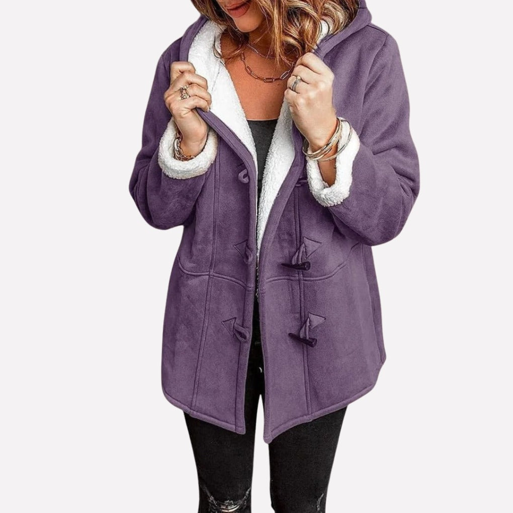 Thea Hooded Toggle Coat in Purple, front view