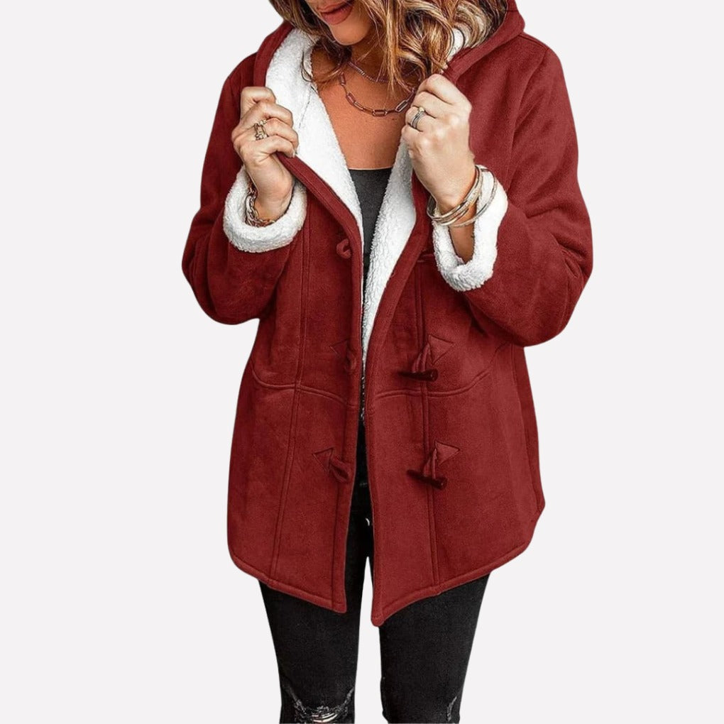 Thea Hooded Toggle Coat in Red, front view