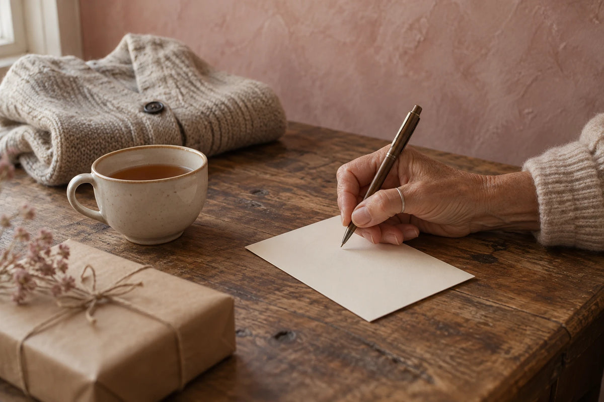 Hand writing a note on a cream card at a wooden table, with a cup of tea, a folded cardigan and a small paper parcel
