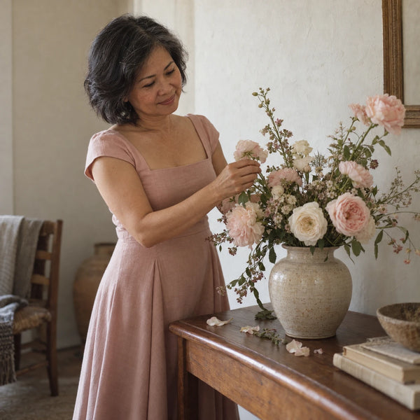 Woman in a blush pink midi dress arranging pale pink flowers in a ceramic vase