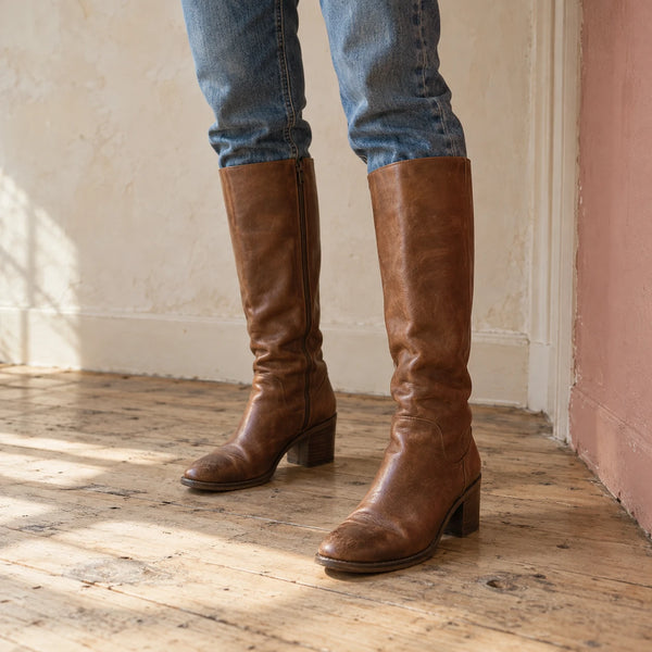 Close-up of a woman's legs in straight blue jeans and tall brown knee-high boots with a block heel on a worn wooden floor