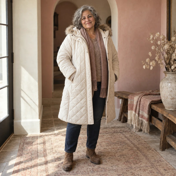 Woman in a long cream quilted coat with a faux-fur-trimmed hood and a rose scarf standing in a blush-pink hallway