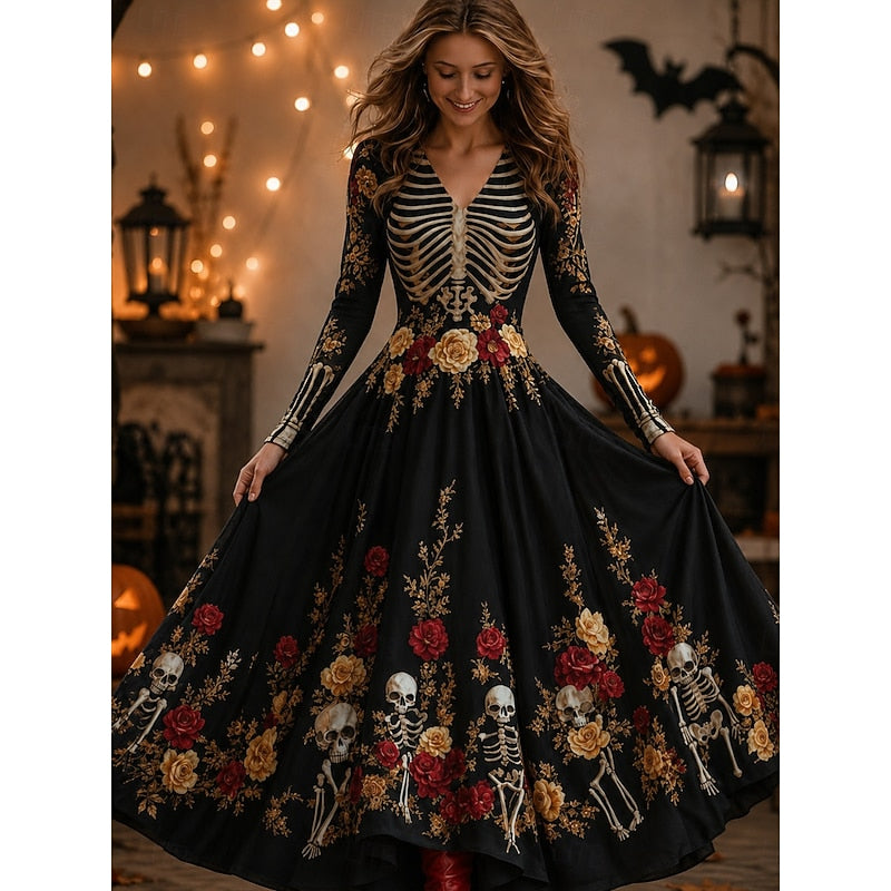 Xanthe Skeleton Print Maxi Dress in Black, front view