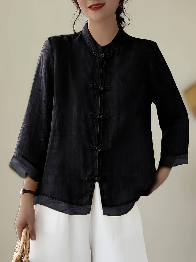Yara Frog-Button Linen Blouse in Black, front view